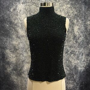 Carmen Marc Valvo Vintage Black Sleeveless Beaded Top